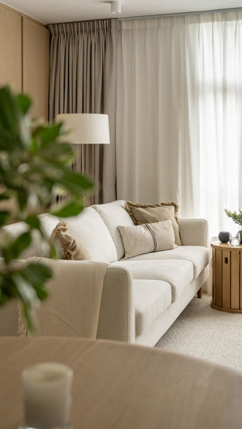 Minimalist Nordic living room interior by MAD Studio featuring a neutral off-white sofa, textured throw cushions, a round wooden side table, and elegant floor-to-ceiling drapes next to a wood-paneled wall.