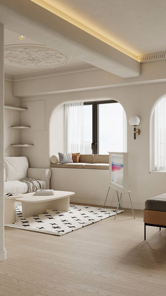 Modern living room interior with minimalist design, featuring light wood floors and neutral walls. A cozy beige sofa is flanked by a chic coffee table on a geometric-patterned rug. Large arched windows draw natural light, enhancing the space’s airy feel. A built-in bench provides additional seating, while a stylish pendant lamp adds a contemporary touch. Perfect for urban living, this elegant setup combines functionality and style with popular French influences. Residential interior design