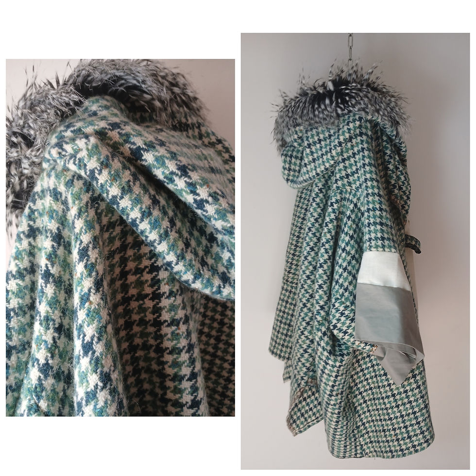 Thumbnail: Handmade One-Off Avant Garde Tweed Kimono Duster Coat Oversized Hood Faux Fur 