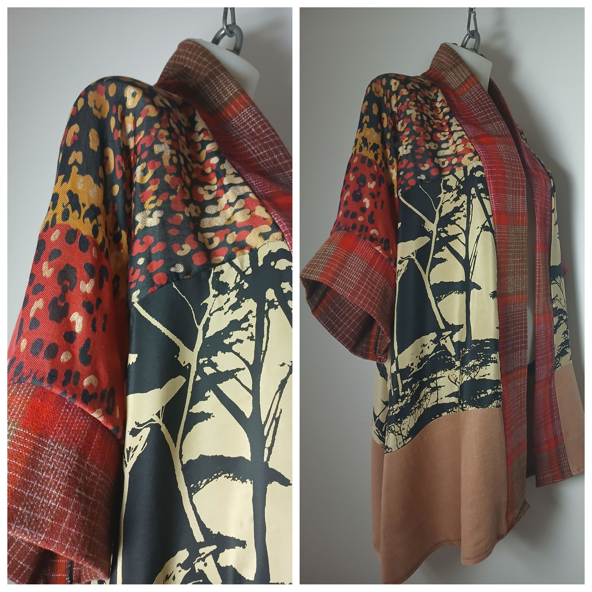 One-of-a-Kind Handprinted Silk Kimono Jacket – Patchwork Style with French Check