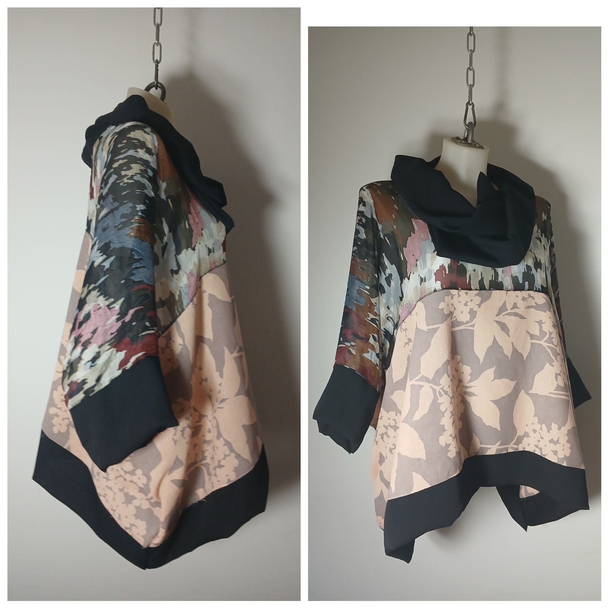 La Muse Hand Painted Silk & Linen Cowl Top | Kimono Sleeve Design