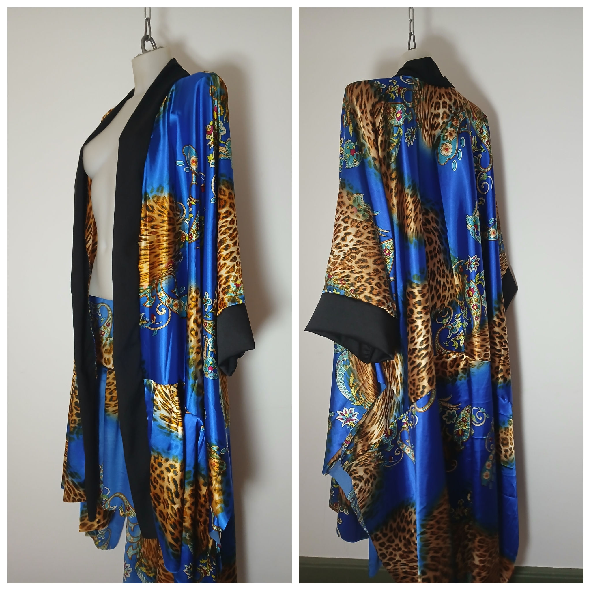 One of a kind Long pleated Silk Kimono Duster Coat blue leopard print One size