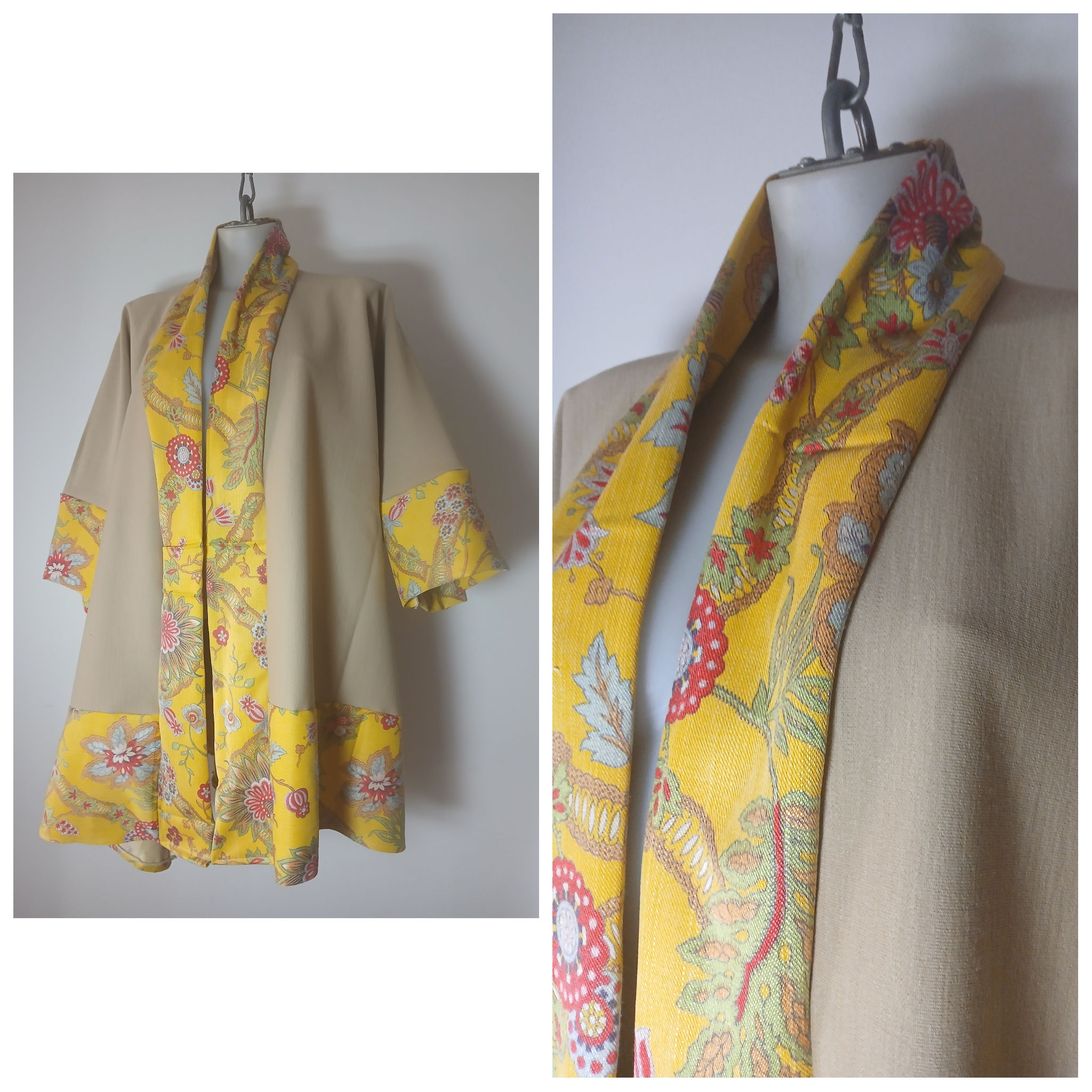 Handmade Kimono Jacket Vintage French Linen & Beige Viscose One of a Kind Boho