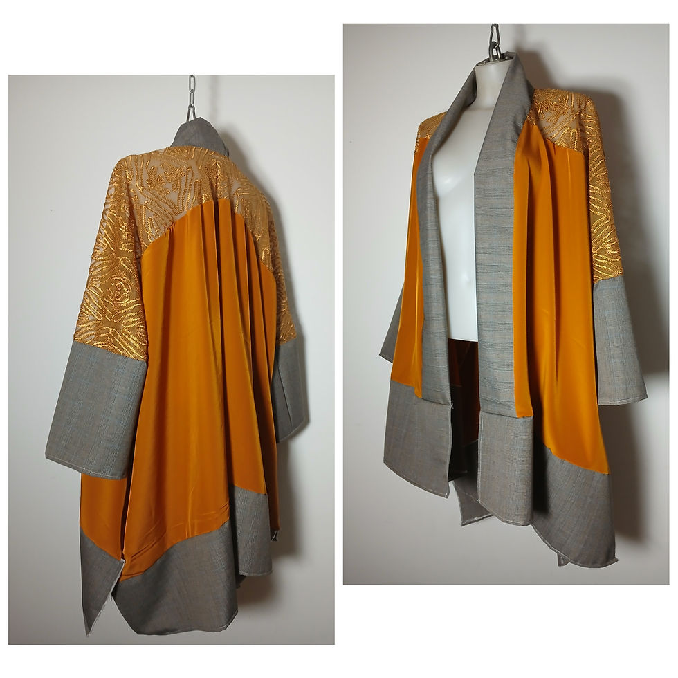 Thumbnail: Luxury Handmade Kimono Cardigan – Gold Lace, Orange Viscose, Unique Artwear 