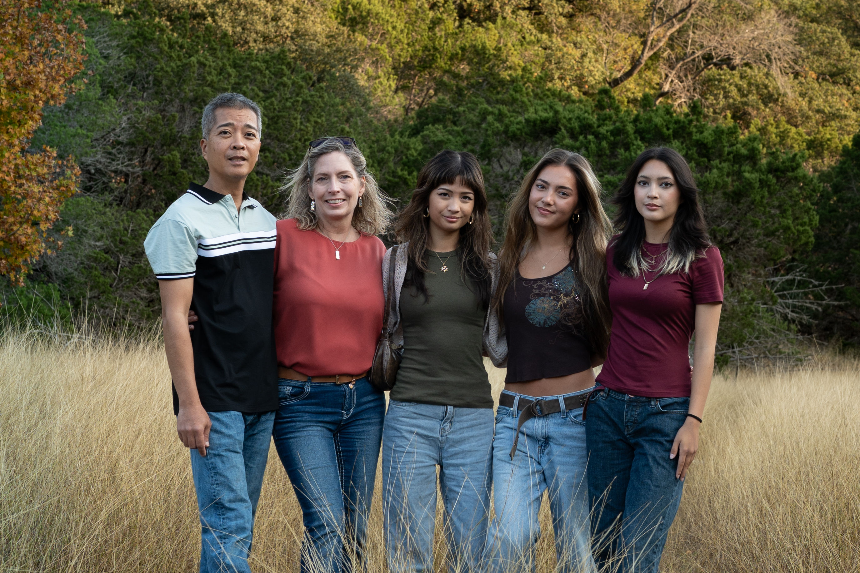 Outdoor evening family photoshoot on Panther Canyon Nature Trail in Landa Park New Braunfels, Texas