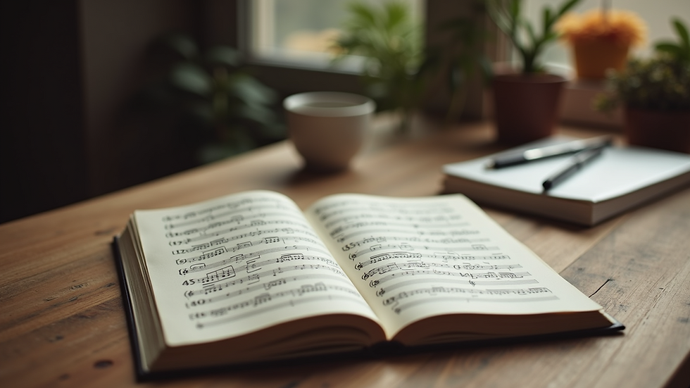 Eye-level view of a music-themed notebook open on a wooden desk