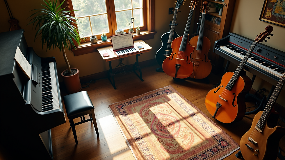 High angle view of a peaceful music studio filled with instruments