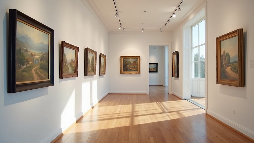 Eye-level view of a bright art gallery with paintings on display