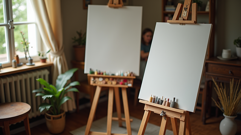 High angle view of a cozy art studio with easel and canvas