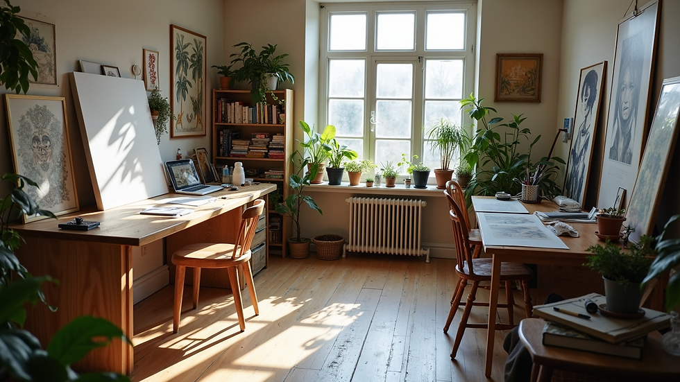 High-angle view of a beautifully organized art studio space