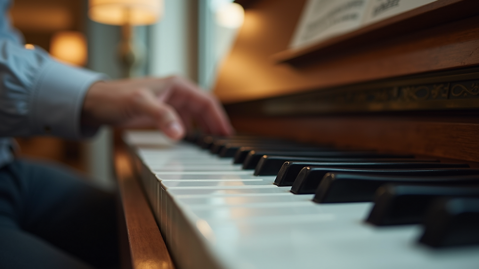 Eye-level view of a piano keyboard with sheet music
