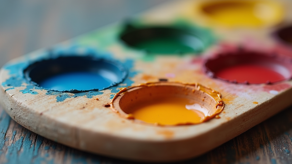 Eye-level view of colorful watercolor paints arranged on a wooden palette