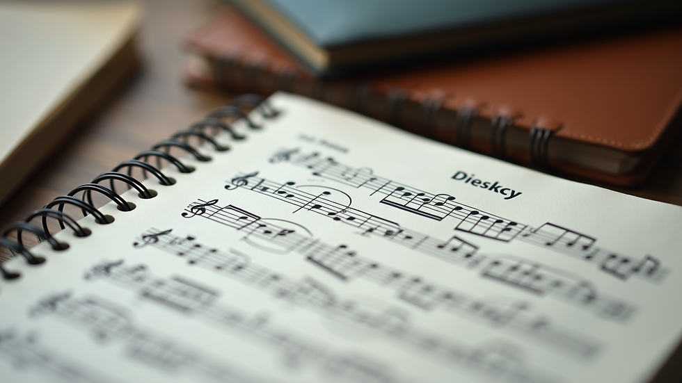 Close-up of a spiral-bound music notebook with thick paper