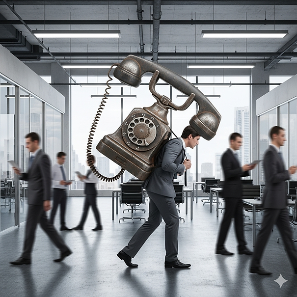Businessman in suit carries giant vintage phone on his back in a busy, modern office, symbolizing communication burden. Gray, sleek interior.