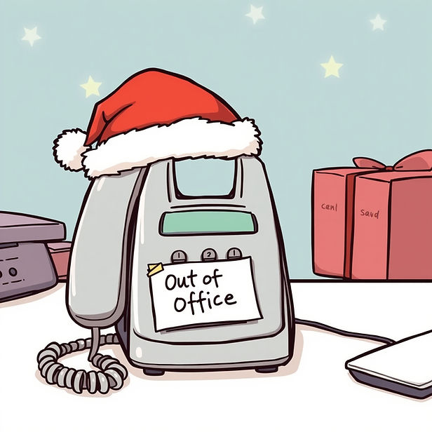 Phone with Santa hat and "Out of Office" note on desk, next to red gift boxes. Starry light blue background, festive holiday mood.