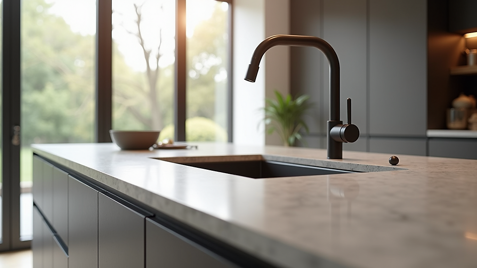 Eye-level view of a kitchen island with a sleek engineered stone worktop and integrated sink