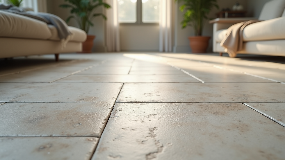 Eye-level view of natural limestone tiles arranged on a floor