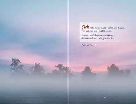 Morgenlandschaft mit Bibelspruch von 1728 - Ich hebe meine Augen zu den Bergen ...