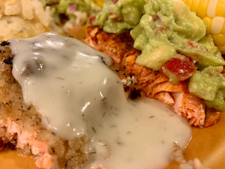 Salmon, Cheesy Potatoes and Blueberry Cobbler