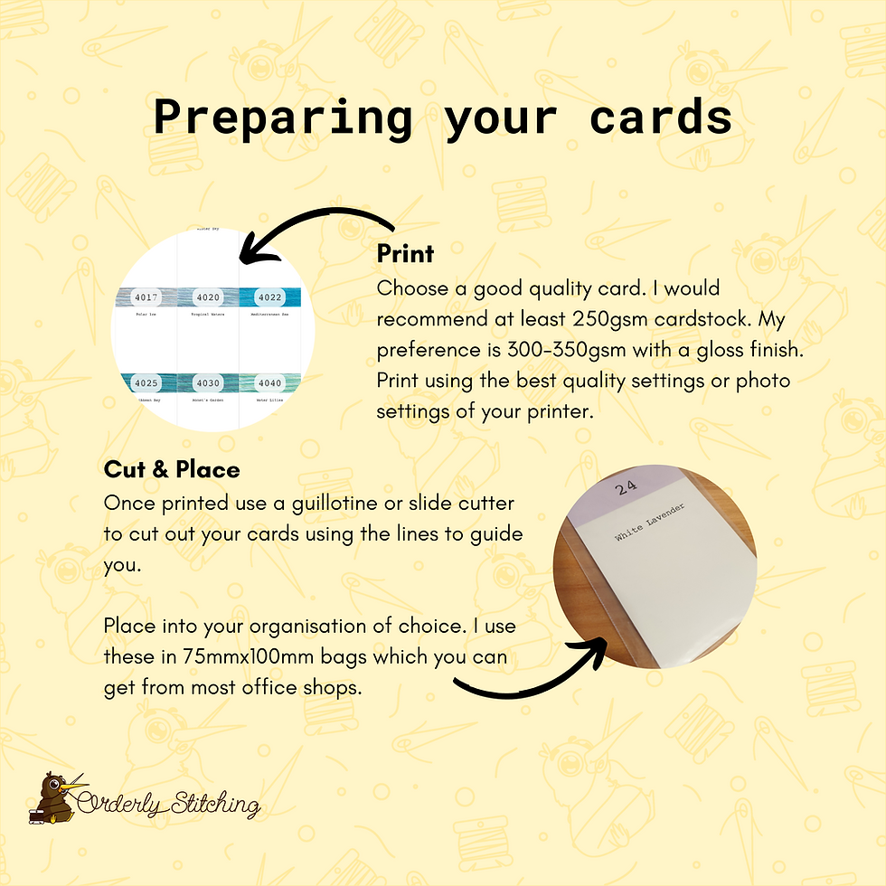 Thumbnail: PDF Printable index cards (65x90mm) designed for DMC Variations Thread Colours