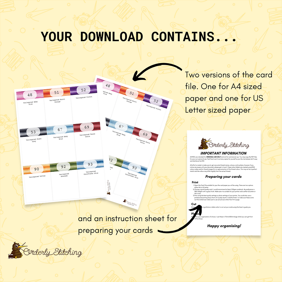 Thumbnail: PDF Printable index cards (65x90mm) designed for DMC Variegated Thread Colours