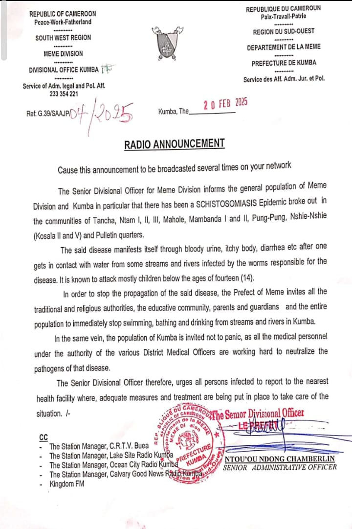 Official radio announcement from Meme Division, Cameroon, on schistosomiasis epidemic. Red stamp and signatures at the bottom.