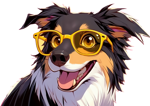 arte de um border collie tricolor utilizando um óculos amarelo