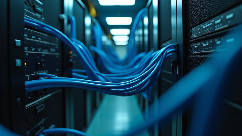 Close-up view of a server room with wires neatly organized