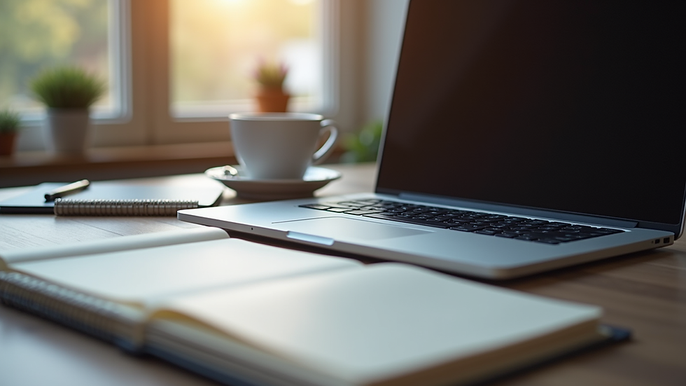 Eye-level view of a laptop on a desk with a coffee cup and notebook