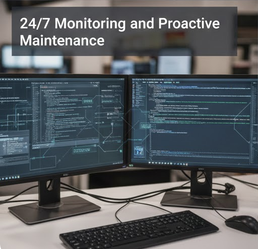 Dual monitors displaying code and diagrams sit on a desk. Text reads "24/7 Monitoring and Proactive Maintenance." Office setting.