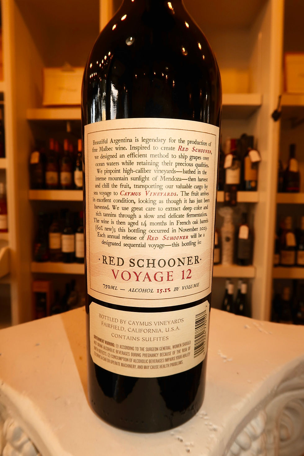 The back label of Red Schooner wine bottle
