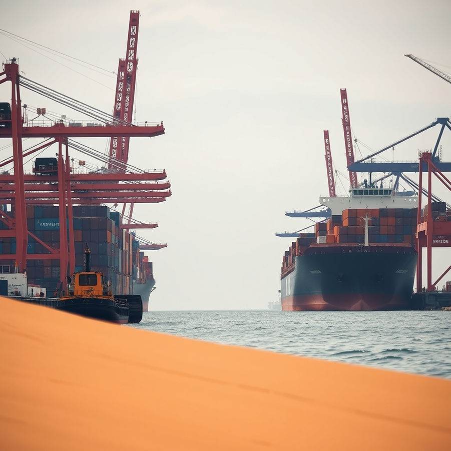 commercial port with container ships unloading and dunes of orange sand , taken from the