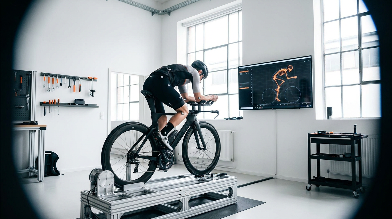 A rider mid-pedal-stroke on the fit jig, motion-capture markers on hip, knee, and ankle, live joint angles on the screen behind