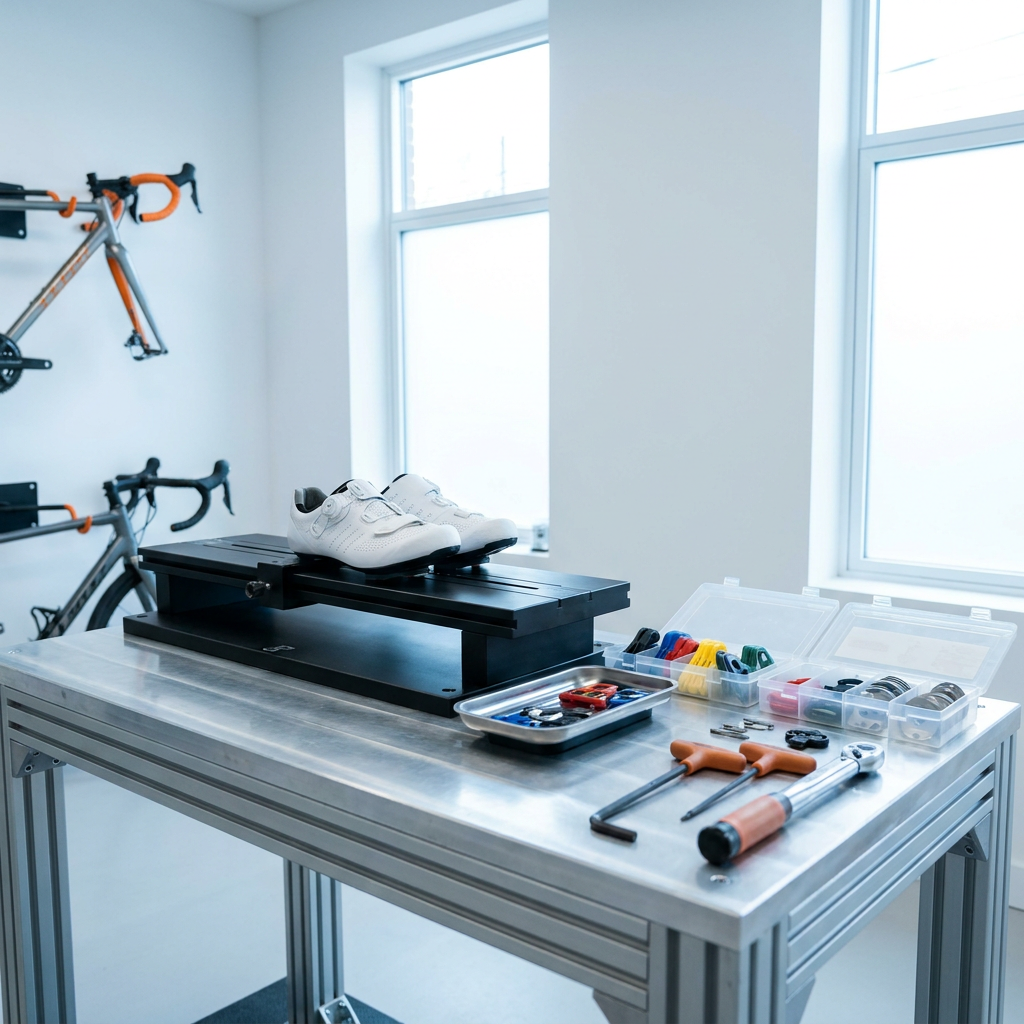 The cleat-fitting bench with shoes clamped in an alignment jig