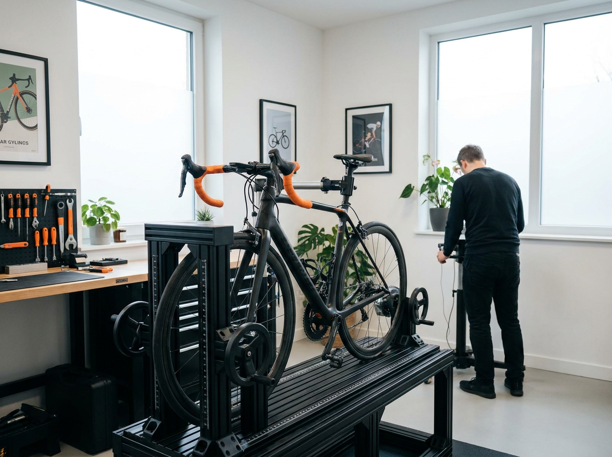 The fit jig with a road bike mounted, adjustment scales visible