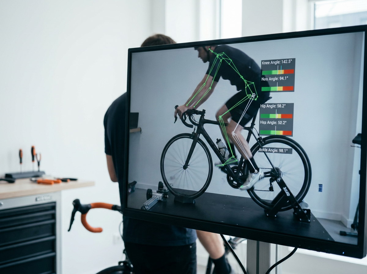 Motion-capture screen showing a skeletal overlay with joint angles