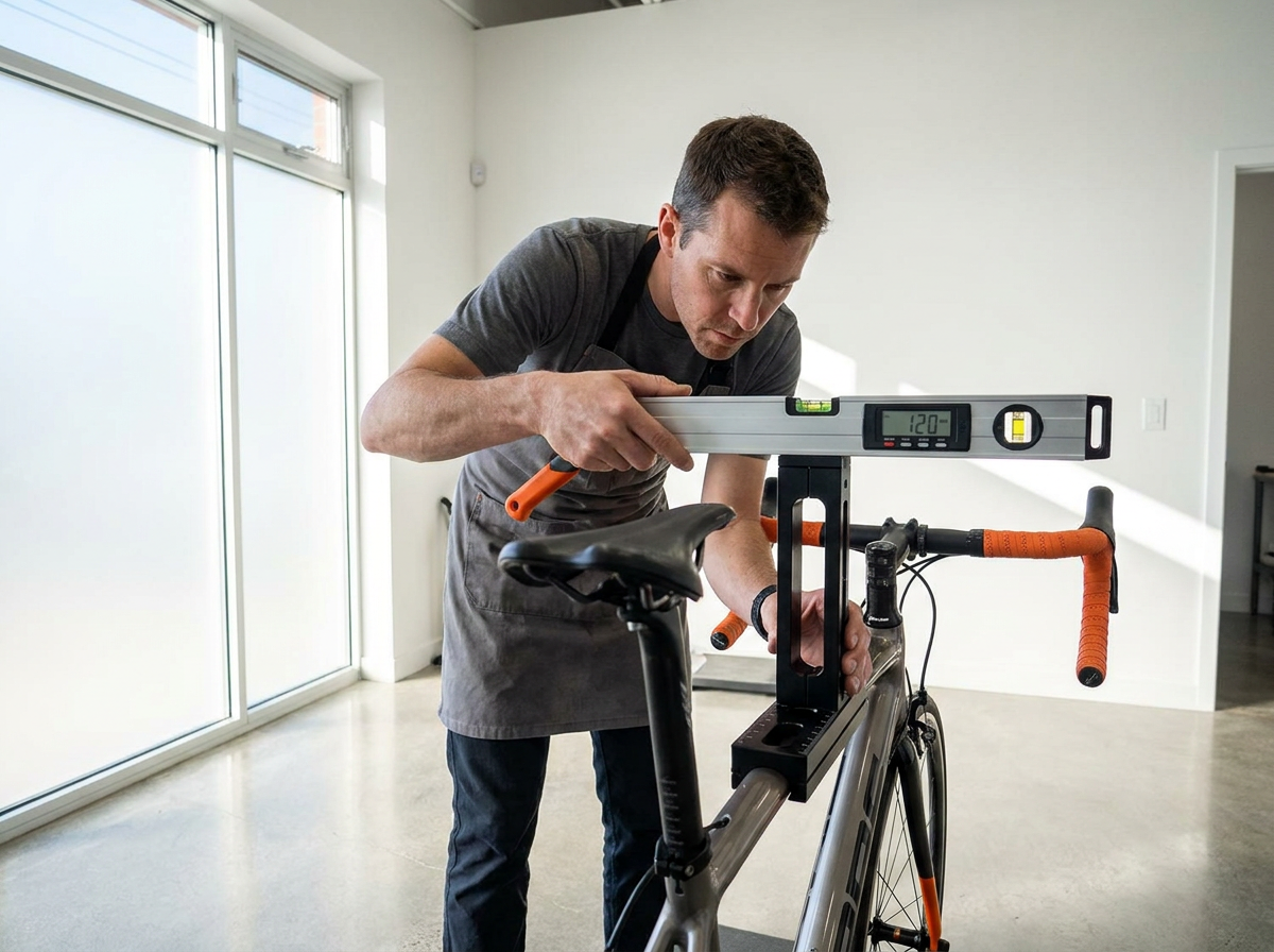 The fitter measuring saddle-to-bar drop with a digital level