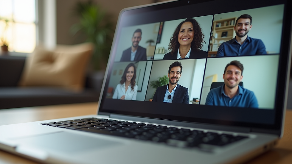 Close-up view of a laptop screen showing a virtual meeting interface with multiple participants