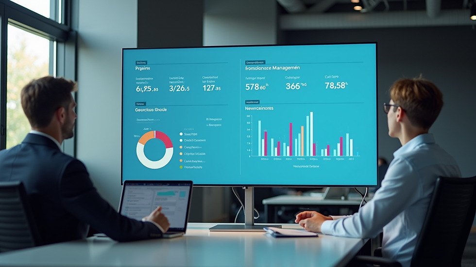 Eye-level view of a modern office with workforce management software on a large screen