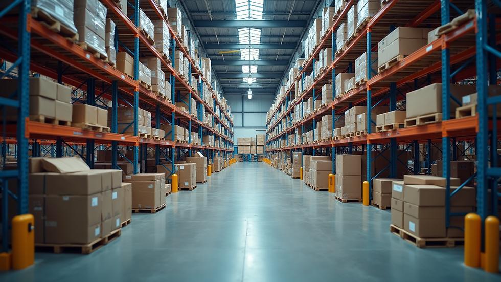 High angle view of a logistics warehouse with organized workforce stations