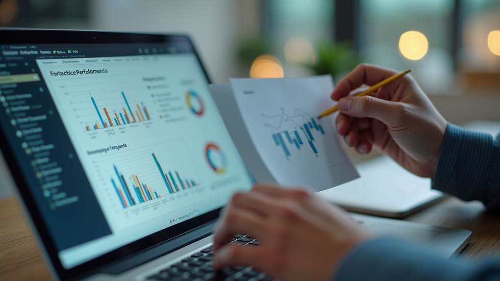 Close-up view of a manager analyzing workforce performance charts on a laptop