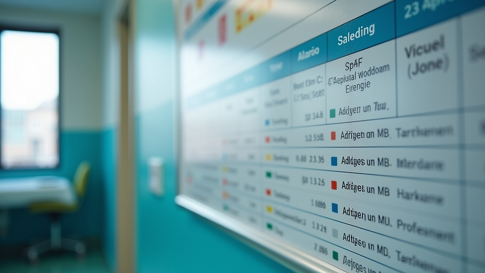 High angle view of a healthcare facility's staff scheduling board with color-coded shifts