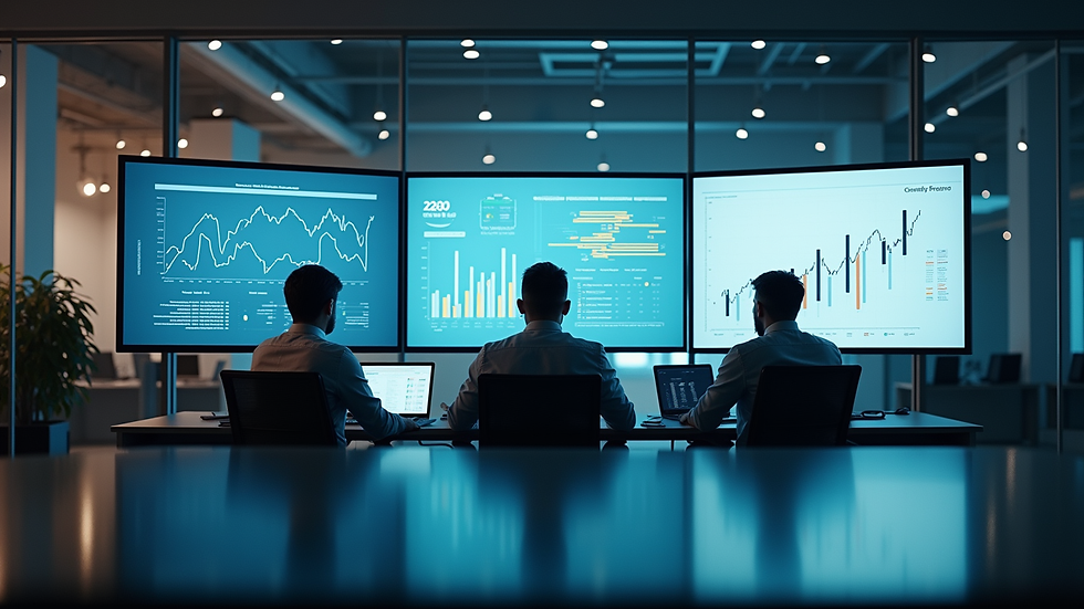 Eye-level view of a modern office with a team analyzing workforce data on screens