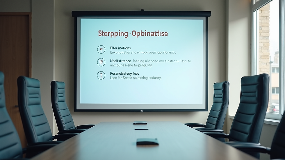 Eye-level view of a conference room with a digital whiteboard displaying strategy objectives