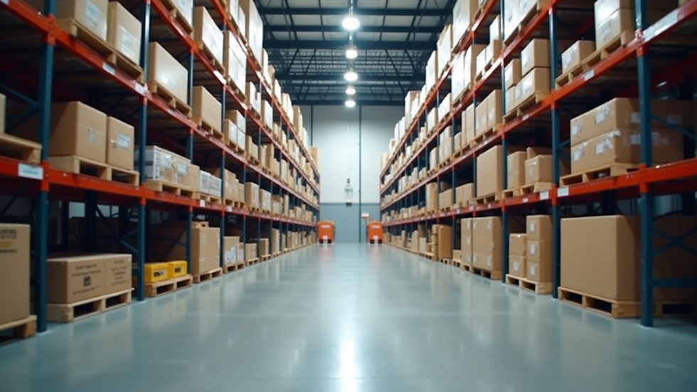 Eye-level view of a modern logistics warehouse with organized shelves