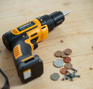 A cordless drill, some coins, and screws sitting on a wooden surface.jpg
