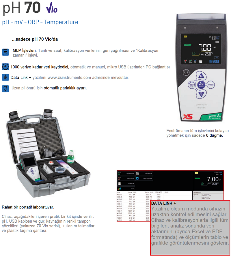 Miniaturbild: XS Instruments pH 70 Vio Taşınabilir pH Metre + XS 201 T Analog Elektrot