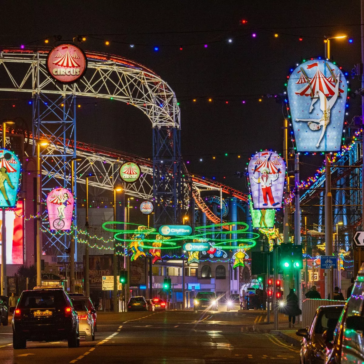 Night view of illuminated lights and a roller coaster, places to drink in harrogate.