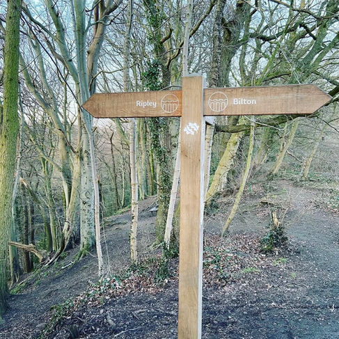 Wooden signpost with directions to 'Valley Gardens' and 'Harrogate' in nature.