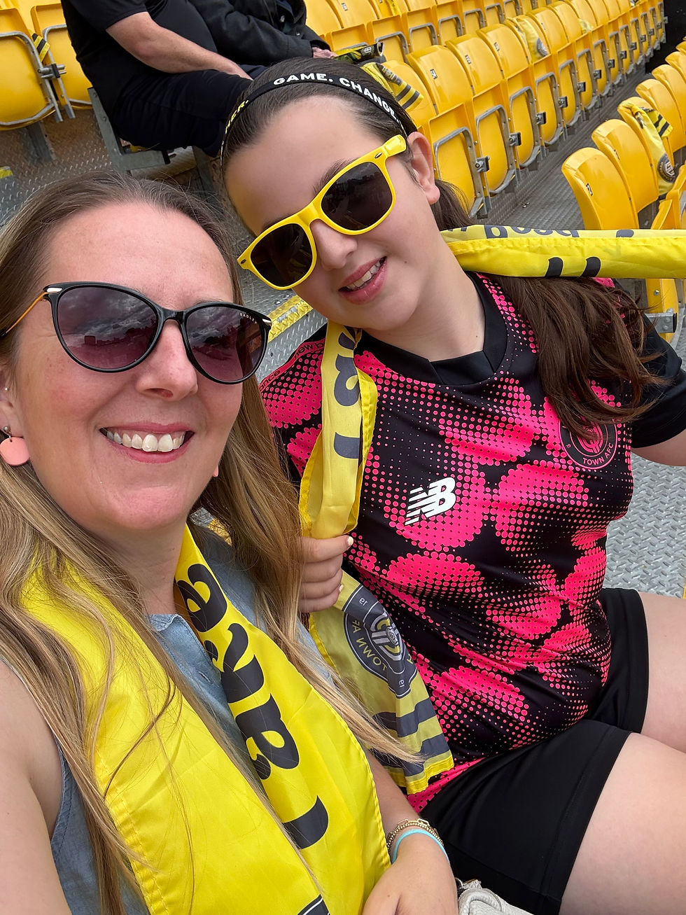 Smiling mother and daughter selfies with sunglasses and yellow scarf, the Harrogate Fam.